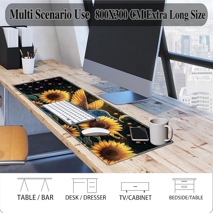 Mouse Pad Gaming Mousepad 31.5x11.8 Inch XXL Large + Coasters,Desk Mat with Stitched Edges, Non-Slip Rubber Base, Thick Mouse Pad for Computer, Laptop, Office & Home - Sunflower Hummingbird