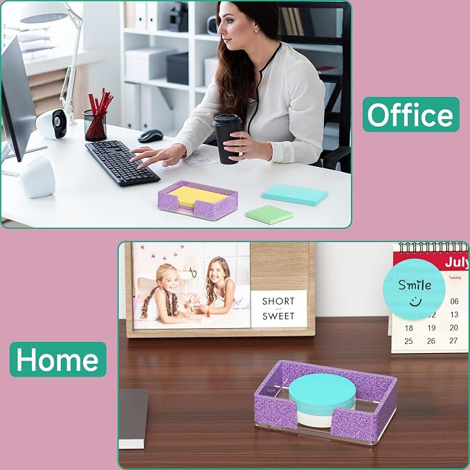 Sticky Note Holder, Glitter Purple Acrylic Notepad Holder 4x6 in Self-Stick Note Dispenser Office Desk Accessories, Memo Pad Holder Organizer for Classroom School Supplies