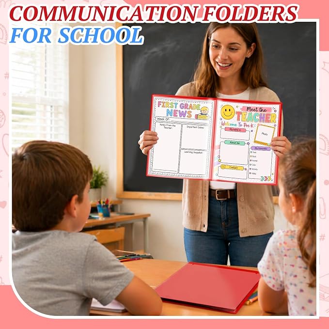 12 Pcs Take Home Folders for Elementary Students,Back to School 2 Pocket Folders with Clear Front Pocket 4 Inner Pockets,Plastic Parent Teacher Communication Folder 11.81 x 9.45 Inch (Red)