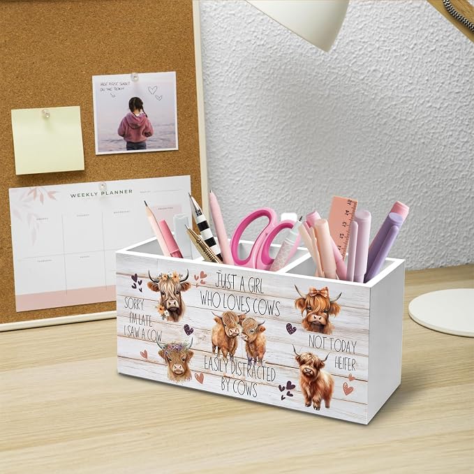 Just a Girl Who Loves Cows Pen Holder for Desk, Highland Cow Lover Gifts Pencil Organizer, Farmhouse Floral Highland Heifer Wooden Box Sign Desk Decor for Home Office Decoration