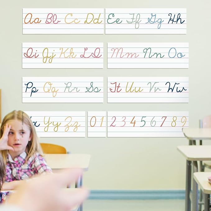 Set of 9 Cursive Writing Bulletin Board Cursive Alphabet Wall Strip for Teacher Supplies, Classroom Teaching Tool, Homeschooling, Kids Education(Colorful)