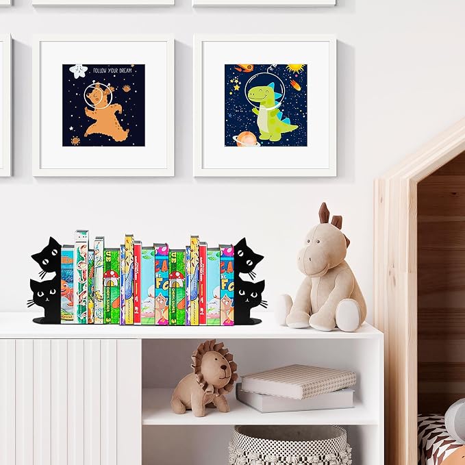 Peeping Cat Bookends for Shelves Decorative, Metal Book Ends for Heavy Books Book Stopper for Office Home Cute Desk Bookshelf Decor Cat Lover Gifts for Women (Black)