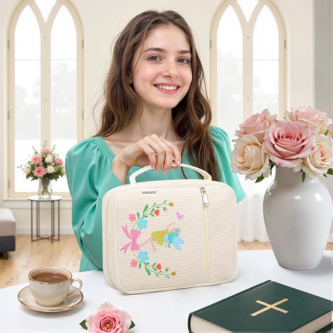 WOBAGMEN Bible Cover Case for Women,Large Bible Tote Bags Organizer Corduroy Carrying Case for Girls,Bible Study Supplies Accessories Christian Gifts for Women (Fairy, M)