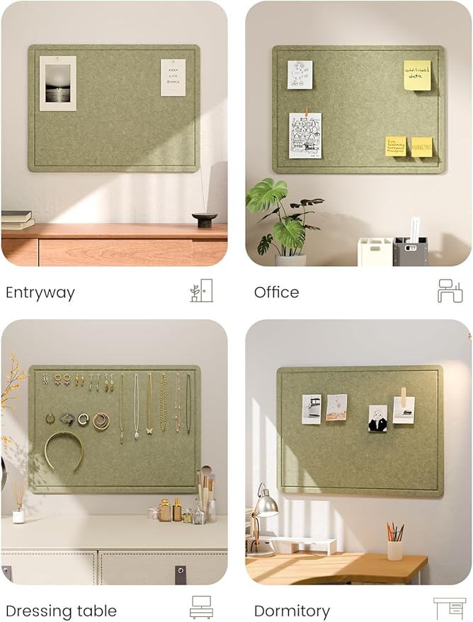 Fluxynara Bulletin Board, 23.6" x 17.5" Cork Board Alternative with 12 Safe Removable Adhesive Tabs, Foldable Felt Pin Board for Home Office, Classroom, Bedroom,Entryway for Walls—Olive Green