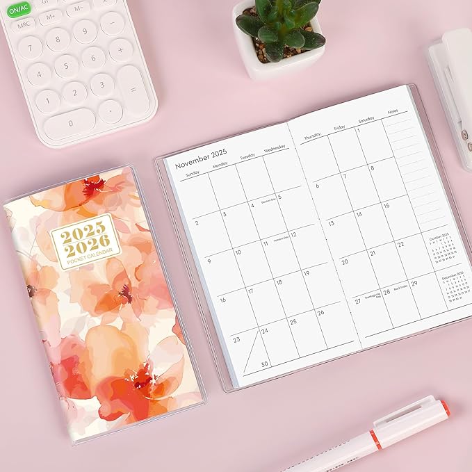 KONVINIT Pocket Calendar 2025-2027, Floral 2025-2027 Monthly Planner - 3.7" x 6.7" - Runs from July 2025 Until December 2027, 2026 Pocket Planner with PVC Cover for Home, School, Office Supplies