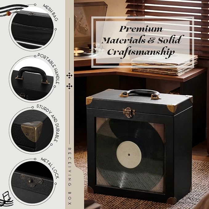 Amyhill Vinyl Record Storage Box with Display Window, Holds 30-35 Single Records 7/10/12 Inch Albums, PU Leather Record Case with Lid & Handle, Water-resistant Lp Storage for Records(Black,PU)
