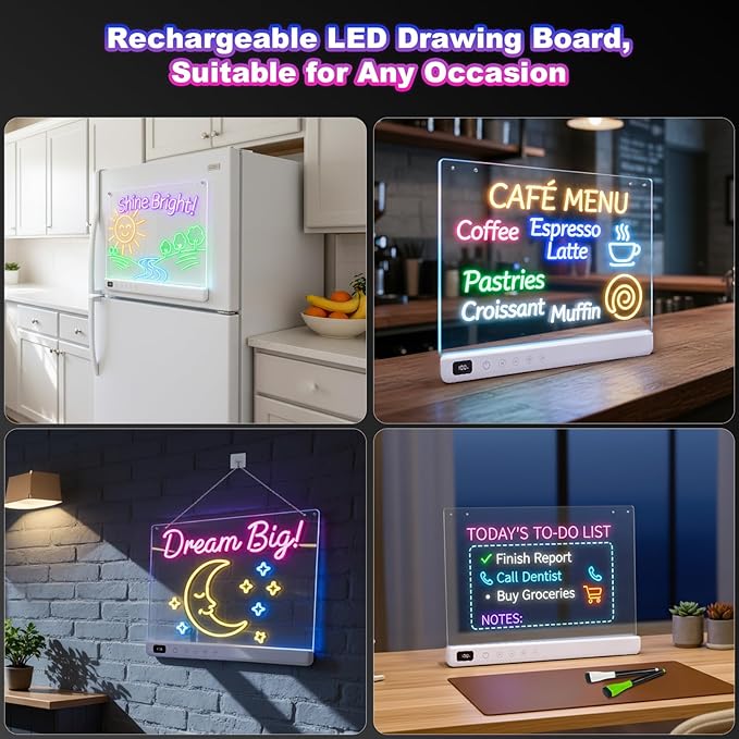 Rechargeable Led Drawing Board for Kids, Light Up Drawing Pad with 8 Color 6 Modes, Neon Glow Dry Erase Board with Built-in Stand, 7 Markers & Tracing Book, Gifts for Christmas Birthday Gifts Presents