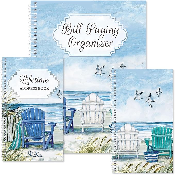 Current By The Sea Bill Paying Organizer Book - 9" x 12” Personal Account Book, Spiral Bound, 14 Storage Pockets, 32 Label Stickers, Monthly Finance & Payment Management Tracker for Home & Office