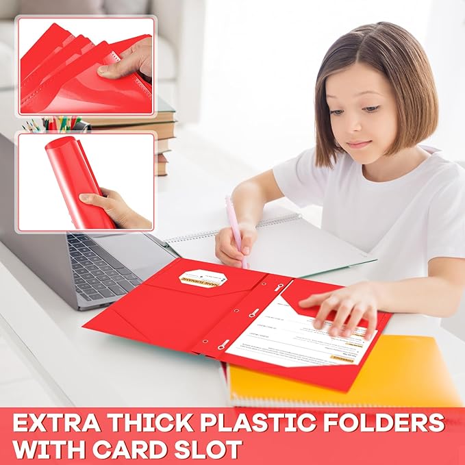 Henoyso 36 Pcs Plastic Folder with Clear Front Pocket and 3 Prong Plastic Folders with Card Slot Pocket Folders with Prongs for School Office (Red)