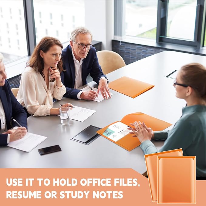 Henoyso 36 Pack Orange Plastic Folders with Clear Front Pockets Heavy Duty File Folders with 2 Pockets and Card Slot for Student Communication School Office Presentation Report