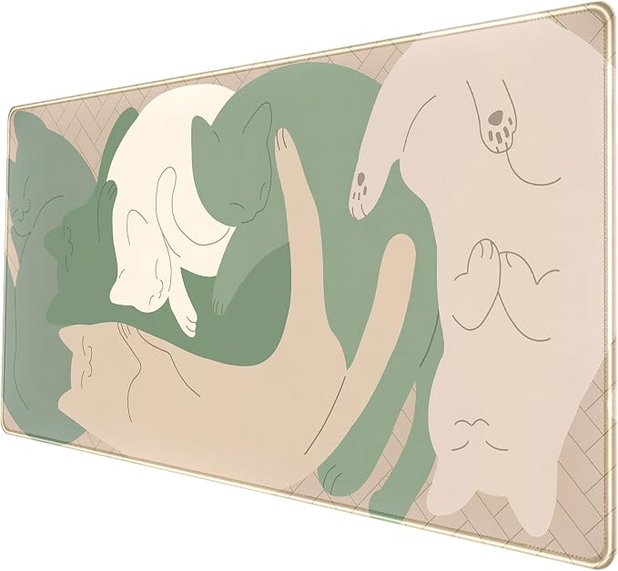 Cute Sleeping Cats Desk Mat Matcha Green Desk Pad, Minimalist Boho Mouse Pad XXL, Cream Tan Gaming Deskmat, Large Kawaii Keyboard Mat, Fun Office Decor Desk Accessories for Women 31.5"x15.75"