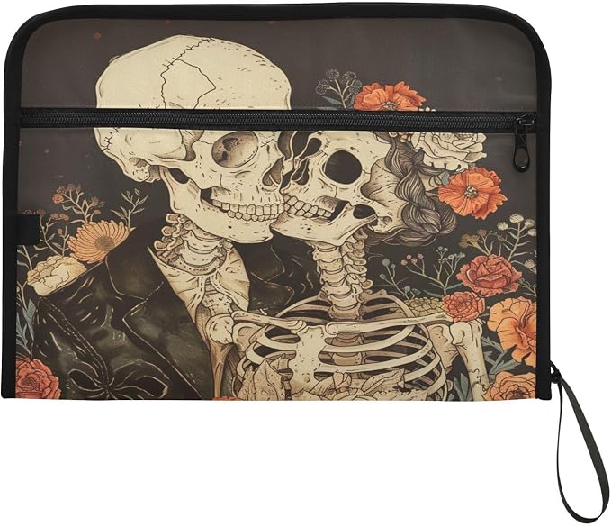 ALAZA Romantic Skeletons and Flowers Expanding Filing Folder, 13 Pockets Expandable Document Organizer Folder with Zipper Closure for Home Office A4 Letter Size Paper Document