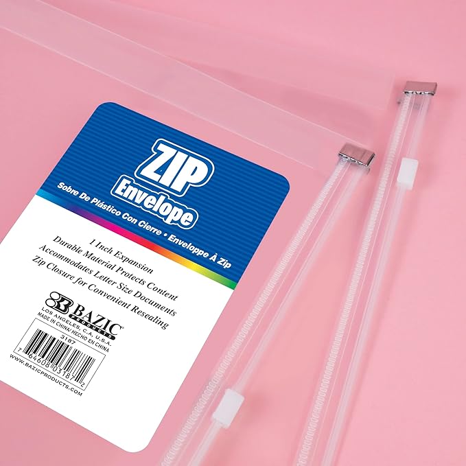 BAZIC Products Plastic Envelopes with Zipper – Durable Clear Poly Envelopes, Transparent Folder for Documents, Home, Office or School, Letter Size or A4 Folder, 4-Pack
