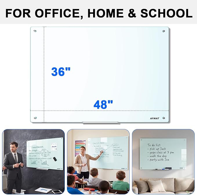 AFMAT Magnetic Glass Whiteboard, 48" x 36" Glass Dry Erase Board, 4mm Tempered Glass w/Strong Magnetic Surface, Large White Board for Wall, Frameless Wall Mounted White Board for Office Home School