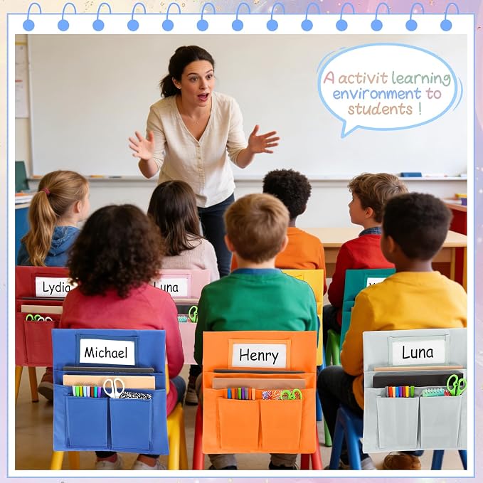 gisgfim 24 Pcs Small Chair Pockets for Classroom 13 x 14 Inch Bag with Name Tag Multi Pockets Chairsback Pouch Organizer for Student Kindergarten Elementary Daycare (Dark Earth)