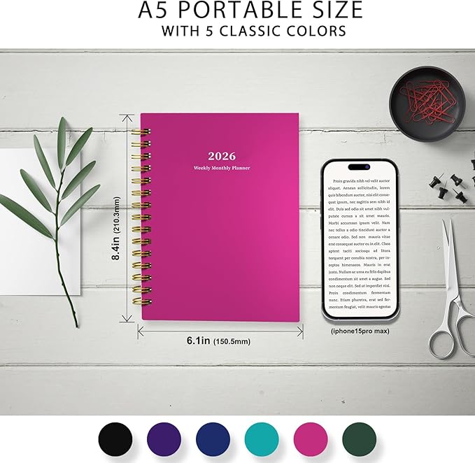 Ymumuda 2026 Planner, Daily Weekly and Monthly Planner,Jan 2026 - Dec 2026, 8.4" x 6.3", 2026 Calendar Planner Book with Tabs, Spiral Notebook with Inner Pocket for Office Home School Supplies