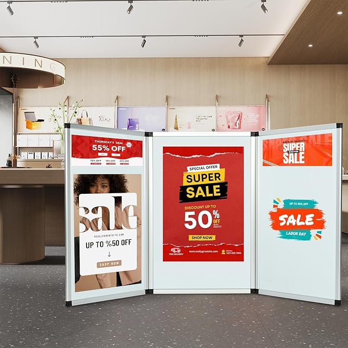Double-Sided Trifold Display Board 3 Panel Presentation Whiteboard 70.4 x 35.4in Trade Show Presentation Board Aluminum Tabletop Display Folding Panel for Trade Show Table Top