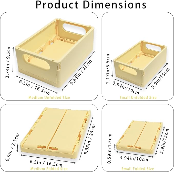 Plastic Storage Crate Folding Desk Organizer Basket Set of 4, 2 Medium+2 Small Collapsible Storage Bins Portable Organizing Crates for Office Classroom Kitchen Bedroom Bathroom Desktop Drawer, Yellow