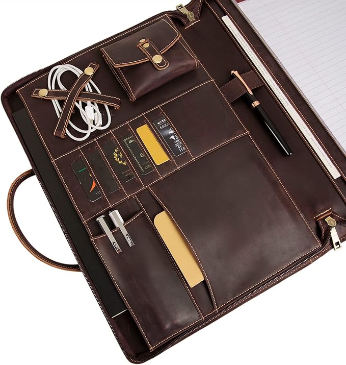Genuine Leather Portfolio, Padfolio Organizer with Handle, Personalized Padfolio,Padfolio with Zipper for Men Women,Suitable for 15-inch Laptop Legal Pad Padfolio, Dark Brown