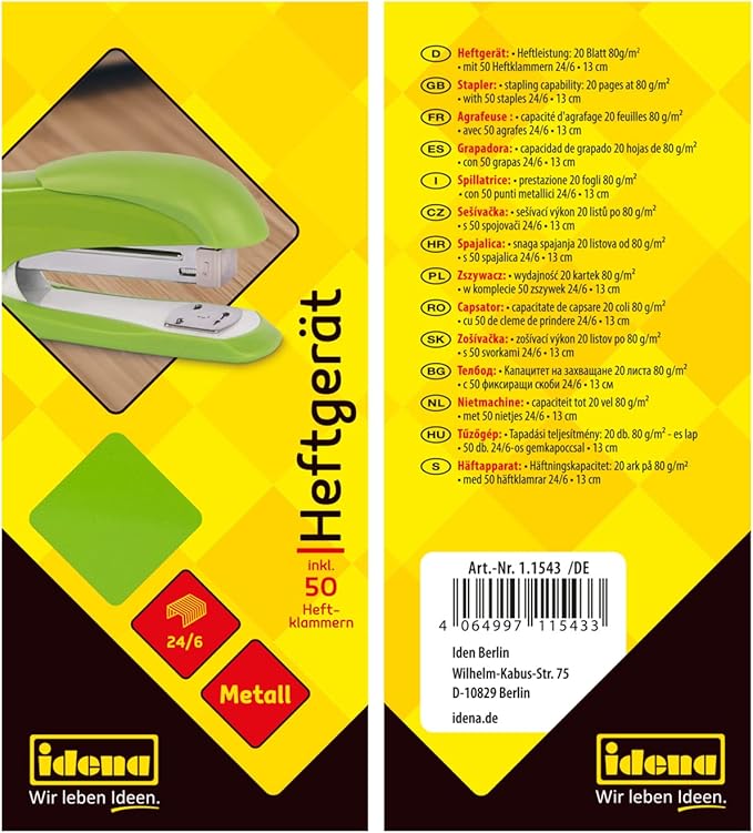 Idena 11543 Stapler 13 cm with 50 Staples 24/6 Green for 20 Sheets