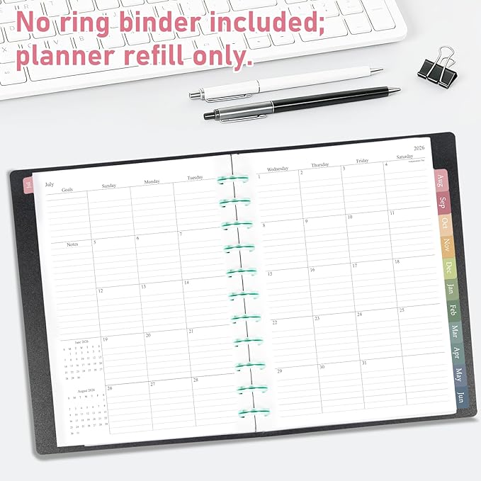 2026-2027 Monthly Planner Refill, Jul. 2026 - Dec. 2027, A4 Letter Size Planner Inserts for 11-Disc Discbound, 8.5"x11", 18 Monthly Calendars with Colorful Laminated Tabs