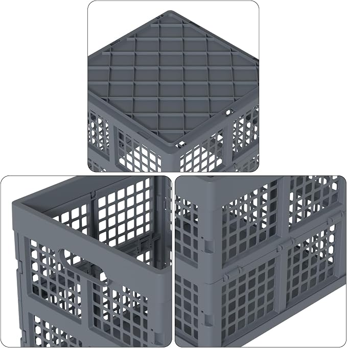 18 L Plastic Collapsible Crates, Gray Foldable Storage Crate, 3 Pack