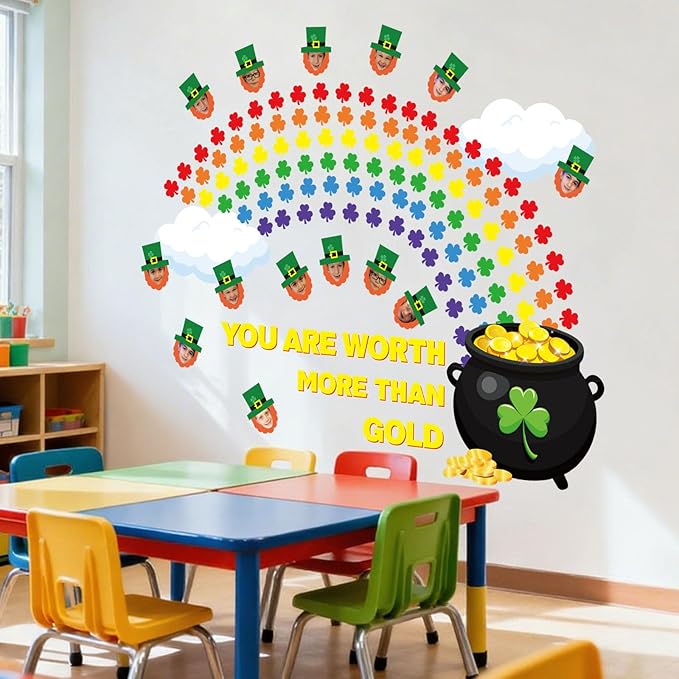 AnyDesign St. Patrick' s Day Classroom Door Decoration Bulletin Board Set Shamrock Clover Gold Coin Pot Paper Cutouts for Irish School Classroom Chalkboard Wall Door Welcome Decor