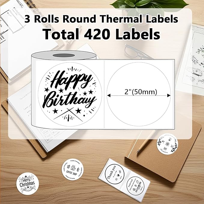 420PCS 2 Inch Circle Thermal Labels for Label Printer T50M Pro/ PL70E/ 130B/ M110/ PL80E, Round Self-Adhesive Thermal Printer Stickers for Business, DIY, Custom Stickers, White (3x140Pcs/Roll)