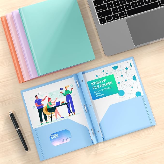 KTRIO 5 Pack Plastic Pocket Folders, 3 Prong, Letter Size, 5 Pastel Colors | 3 Prong Fasteners, 2 Pocket Storage, Business Card Slot, Water-Resistant PP, School Office Use