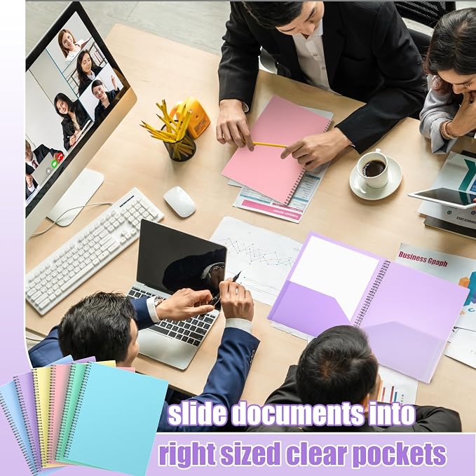 Seajan 6 Pcs 10 Pocket Folder Pastel Sturdy Plastic Spiral Portfolio Multi Pocket Folder Pink Purple Organizer Document Folders Plastic Spiral Project Organizer for School Office