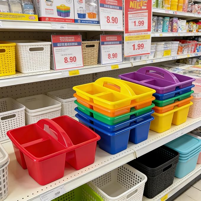 RAUVOLFIA Set of 6 Classroom Caddy, Small Plastic Storage Caddy with Handle for Classrooms, Kids Room and Office Organization, 3 Compartment (Rainbow)