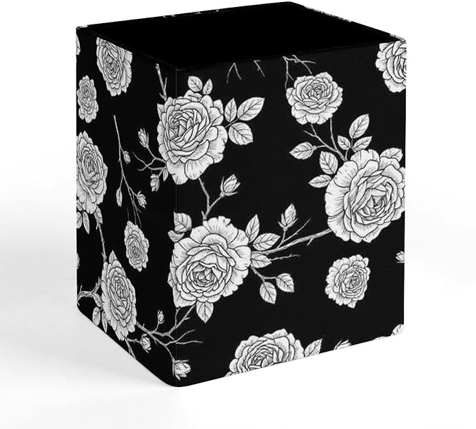 Pen Holder Square Leather Pencil, Holder Cup Makeup Brush Storage Organizer, Waterproof Multifunctional Office Supplies Black Roses Pattern