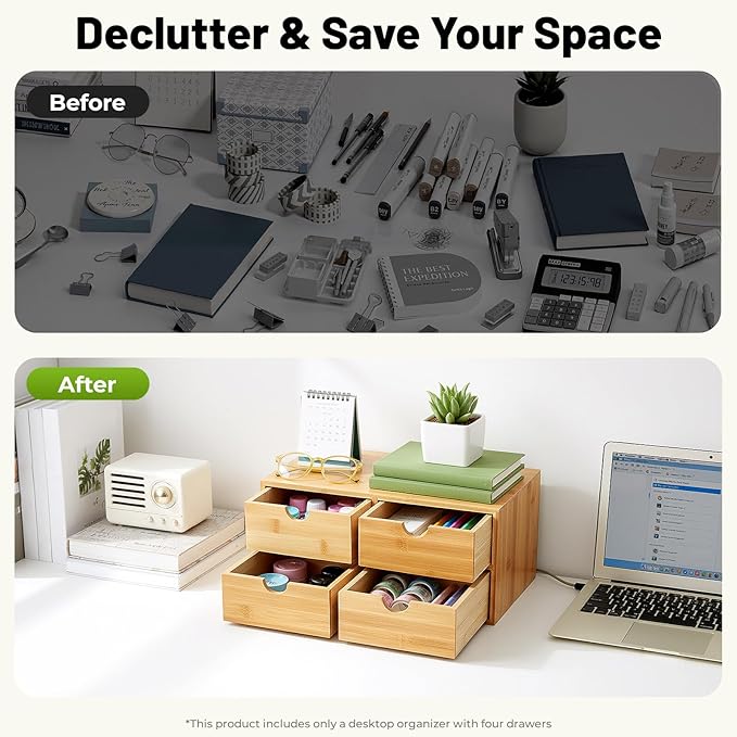 Desk Organizer, Office Vanity Bamboo Desk Organizer, Mini Bamboo Desk Drawer Tabletop Storage Box with 4 Drawer Night Stand Table Organizer for Makeup Vanity Office Supplies (4 Drawer)