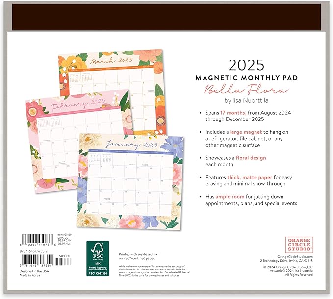 2025 Calendar - Magnetic Monthly Calendar 2024-2025, Orange Circle Studio 12 Month Calendar, 8.5" x 9.6" January 2025 - December 2025, Bella Flora Print, Magnetize to Fridge or Filing Cabinet