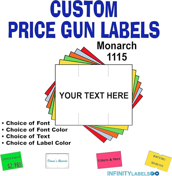 Custom Price Custom Price Gun Labels - 240,000 Customizable Monarch 1115 Compatible Labels to fit All Monarch 1115 Price Guns. Full case + 16 Ink Rollers (You Choose The Colors, Font and Text)