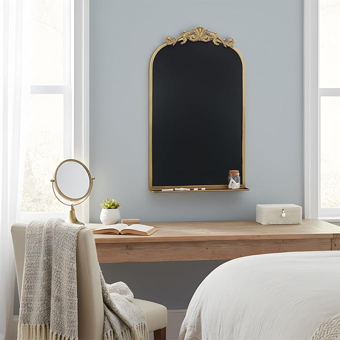 Vintage Magnetic Arch Chalkboard with Shelf - 19"x31" Decorative Wall Mounted Ornate Gold Framed Blackboard with Chalk, Clips & Cloth - Elegant Wedding Sign & Kitchen Menu Home Decor