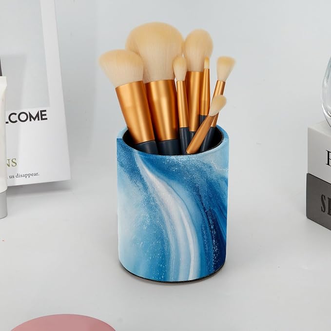 Leather Pen Holder for Desk, Blue Marble Makeup Brushes Holder Pencil Cup Multifunctional Desktop Organizer Caddy for Home School Office Desk Accessories