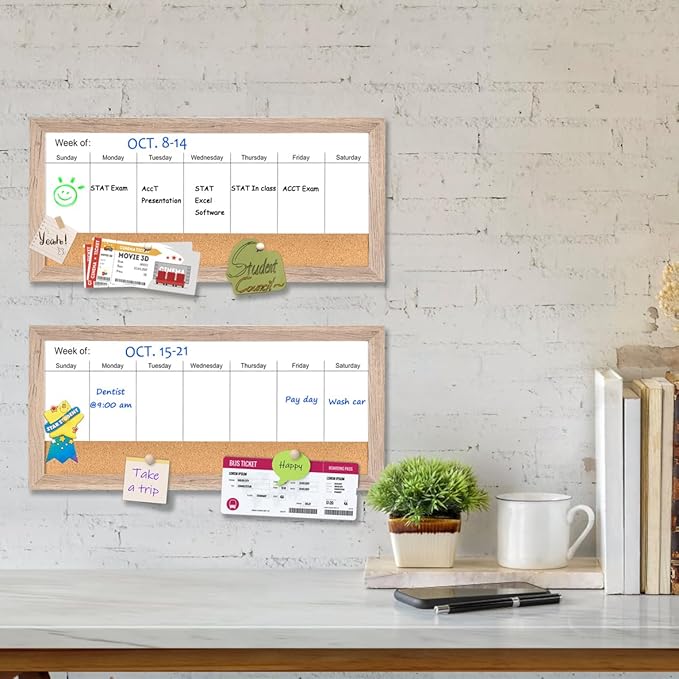 Magnetic Weekly Dry Erase White Board and Cork Board,Rustic Brown Wood Frame,Magnetic Surface Whiteboard for Home Office and Wall Decor(ZHZL-2040QZ)