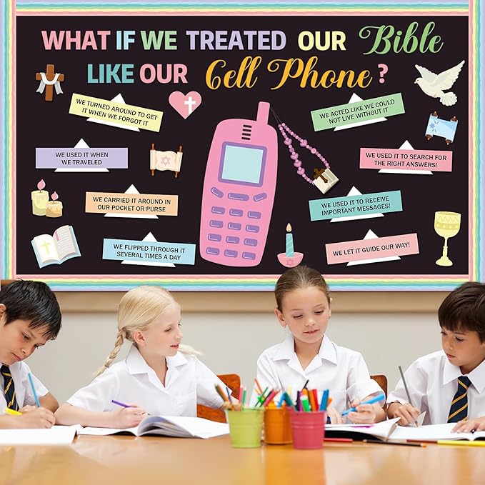 Religious Bible Bulletin Board Set Cell Phone Cutouts Christian Bible Classroom Bulletin Board Decoration Inspirational Christian Jesus Theme Cut Outs for Sunday vbs Church School Classroom Supplies