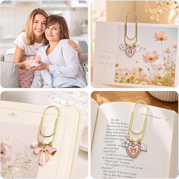 Wxiben Bow Paper Clip Bookmark - 3 Pcs Cross Metal Paperclip Book Mark with Charms Page Marker Planner Decorative Paper Clips Gifts for Notebook Women Reading Book Lover School Accessories