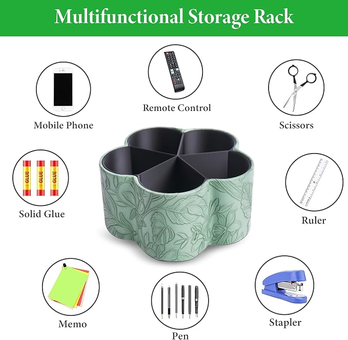 Flower Shaped Leather Art Supply Organizer,Remote Control Holder,360 Degree Spinning,Multi-Functional Pencil Holder,5 Compartments Desktop Stationary Organizer(1-Flower Green)