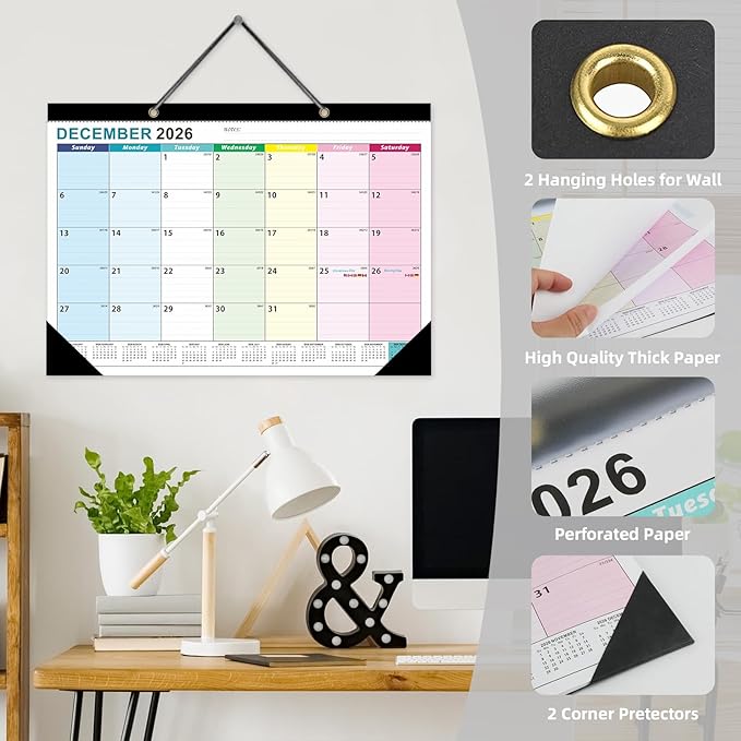 ZTX Desk Calendar 2026 Calendar Wall Calendars 2026-2027-18 Month Planner Extra Large 22"x17" Jan. 2026-Jun.2027 Clear Plastic Cover for Home Office School Colorful