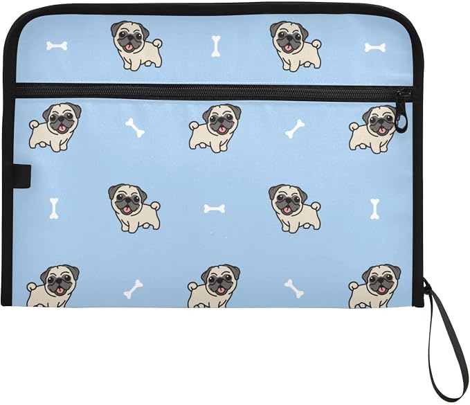 Cute Pug Dogs Cartoon File Folders,Plastic Folders with 13 Pockets,Expandable File Folder for Documents School Students Office,Aesthetic Folder with Labels A4 Letter Size