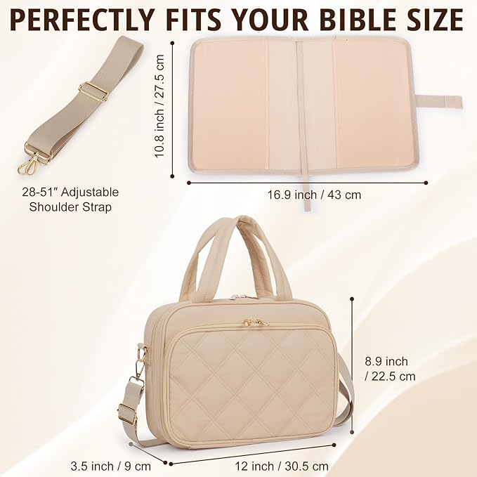 Large Bible Cover for Women,2 Compartments Bible Carrying Case With Handles Shoulder Strap, Soft Puffy Quilted Bible Bags With Book Cover Organizer, Bible Tote For Church Study Supplies Accessories