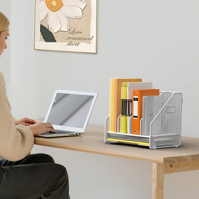 Docnest Desk File Holder Sorter, 4 Vertical Compartments Rack with Letter Tray, Mesh Magazine File Holder with Handle,Workspace Organizers,Desk Organizers for Paper, Mail, Documents-White