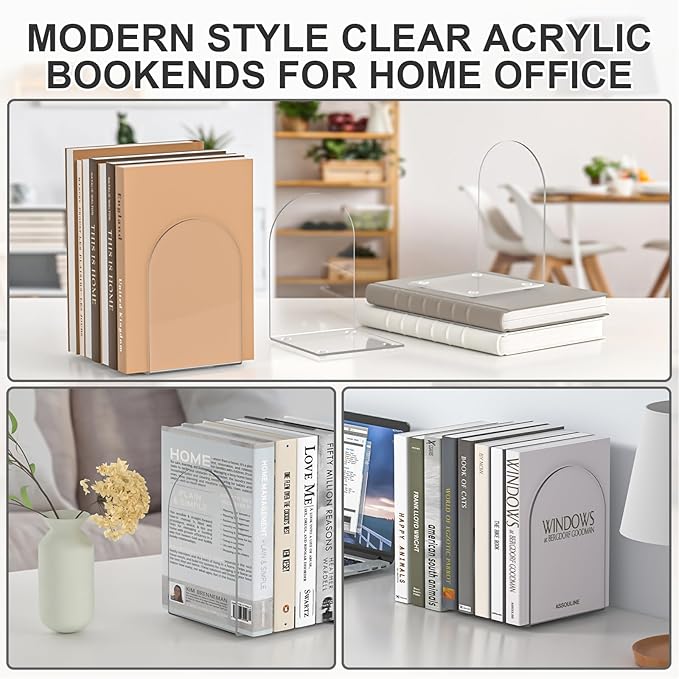 Acrylic Bookends 4 Pieces, Clear Bookends for Shelves, Book Ends for Shelves and Desktop Organizer, Transparent Shelf Book Stopper to Hold Books for Home Office Supplies