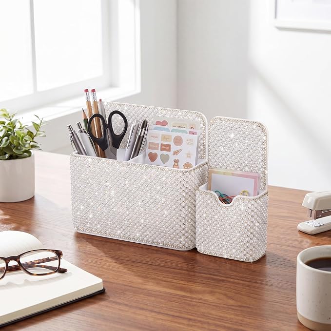 MotiMind 2 Pcs White Bling Magnetic Marker Holder Women Girl Locker Accessories Marker Pen Pencil Holder for Refrigerator Whiteboard Sparkly Gift Desk Organizer for School Office (Pearl)