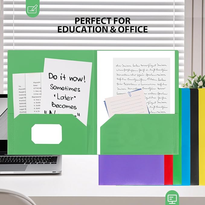 Plastic Folders with Pockets, 2 Pocket Folders for Letter Size 8.5 x 11 Paper, Colored School Folders with Business Card Slot, Back to School Supplies for Students, Office