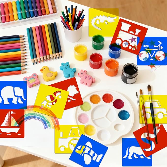 36 PCS Drawing Stencils, 5.6 x 6 Inch Chalk Drawing Stencils, Large Washable Vehicles Jungle Animals Themed Primary Shape Template for Learning Painting DIY Craft