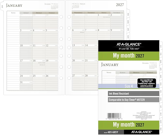AT-A-GLANCE 2027 Planner Refill, Monthly, 5.5" x 8.5", Desk Size 4, Tabbed, 7-Ring Loose-Leaf (481-685Y-27)